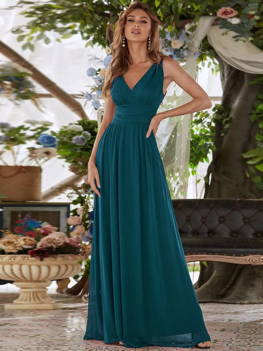 Col V sans manches plissé chiffon robe longue soirée