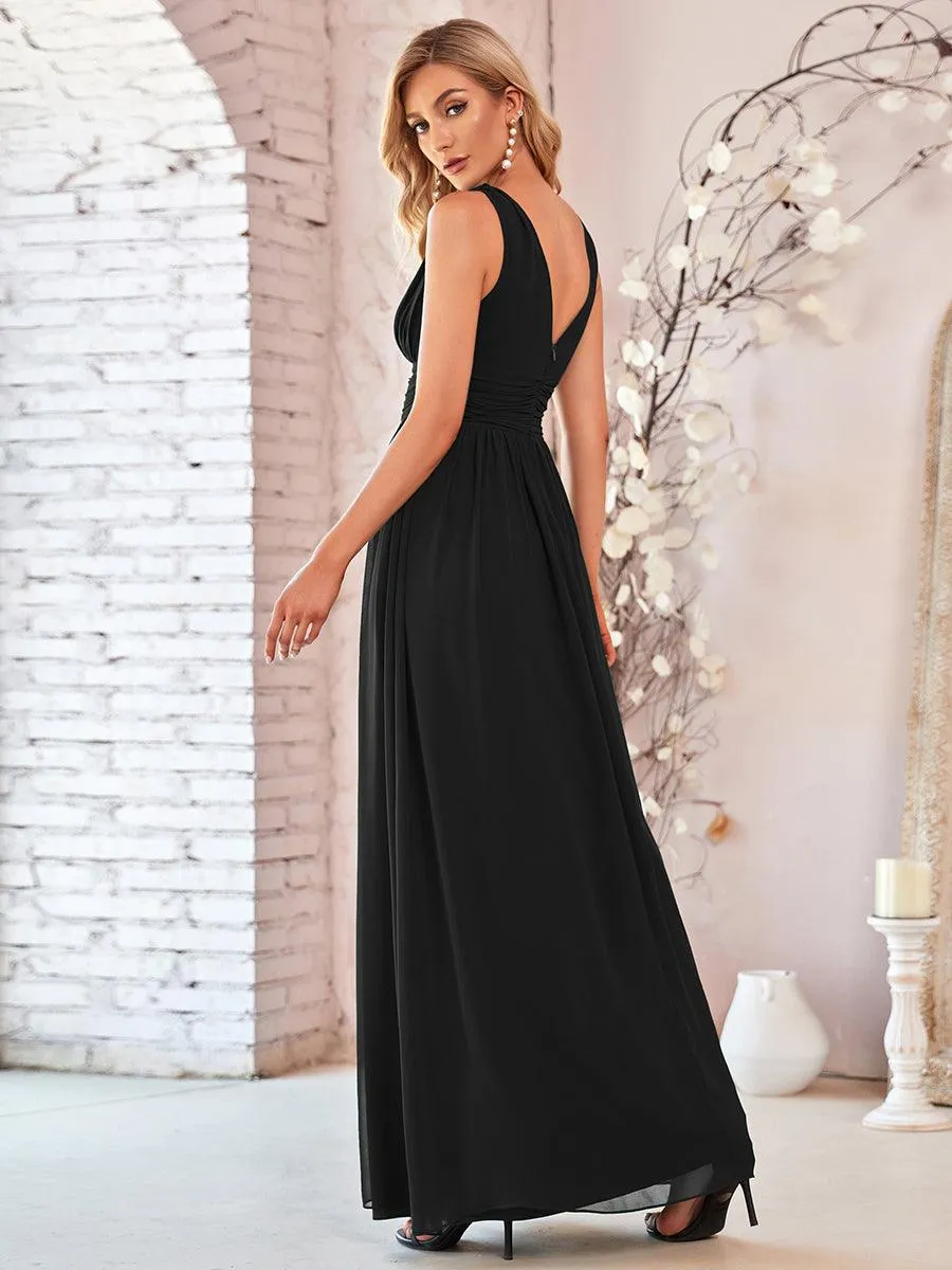 Col V sans manches plissé chiffon robe longue soirée