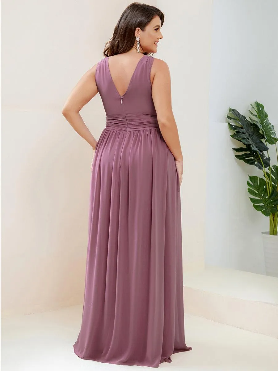 Col V sans manches plissé chiffon robe longue soirée