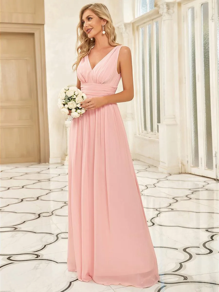 Col V sans manches plissé chiffon robe longue soirée