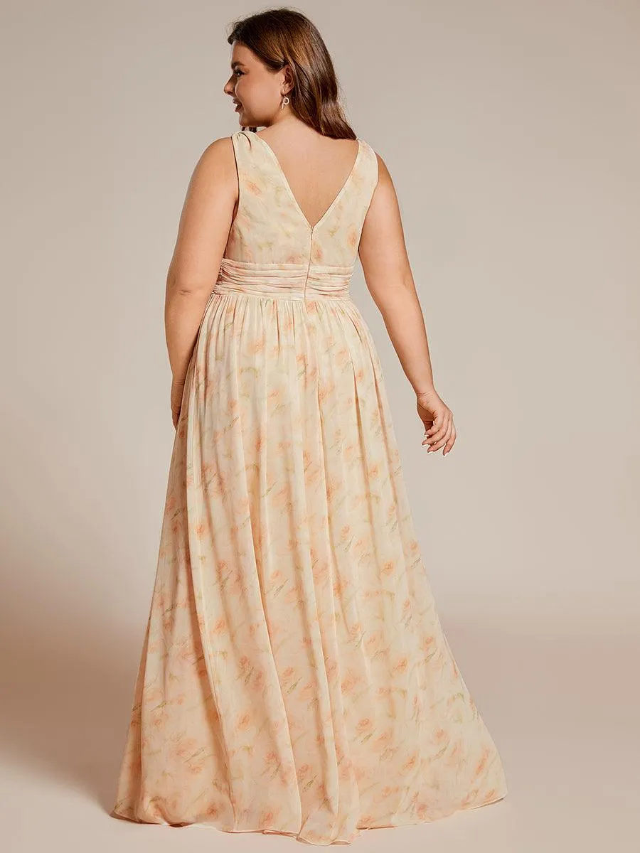 Col V sans manches plissé chiffon robe longue soirée