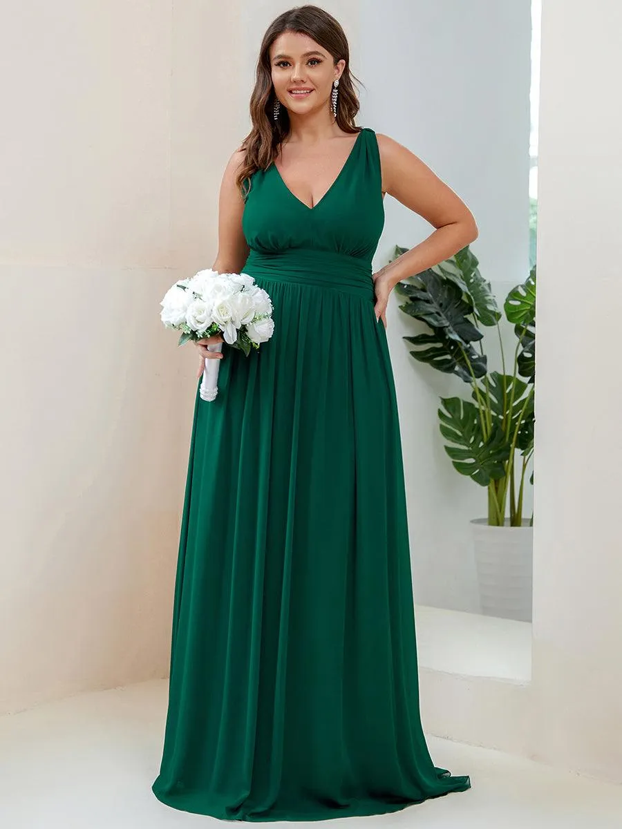 Col V sans manches plissé chiffon robe longue soirée