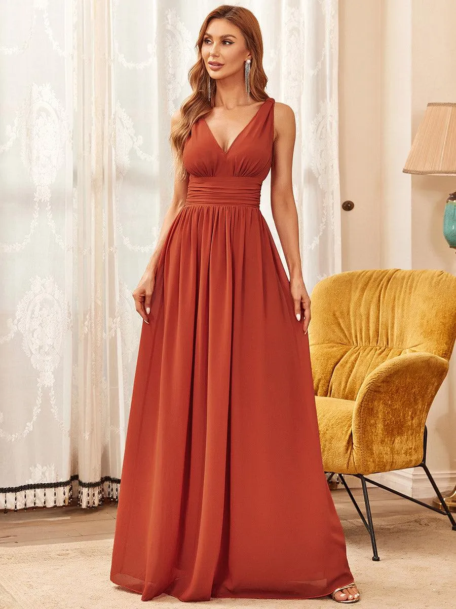 Col V sans manches plissé chiffon robe longue soirée