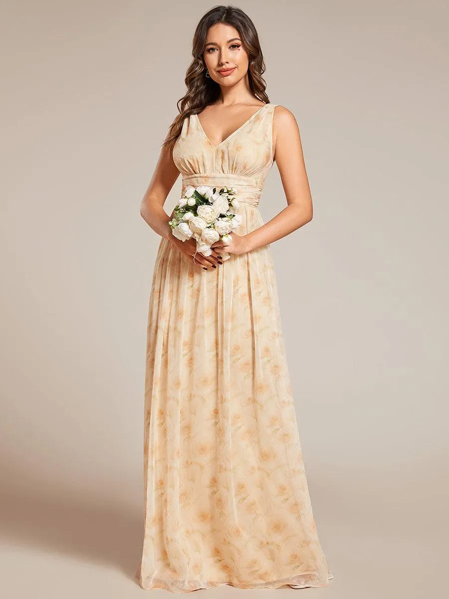 Col V sans manches plissé chiffon robe longue soirée