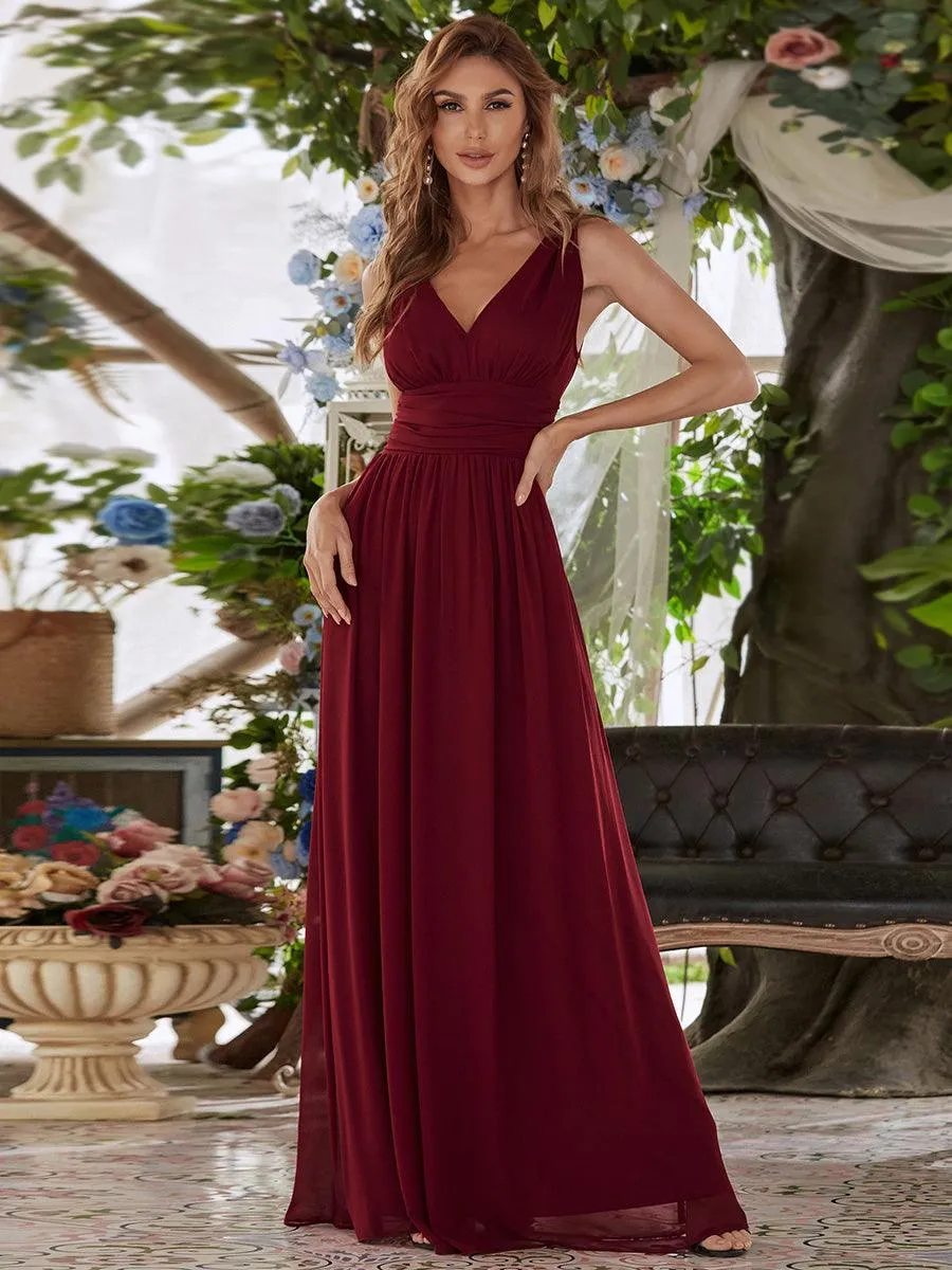 Col V sans manches plissé chiffon robe longue soirée