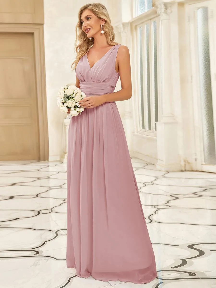 Col V sans manches plissé chiffon robe longue soirée