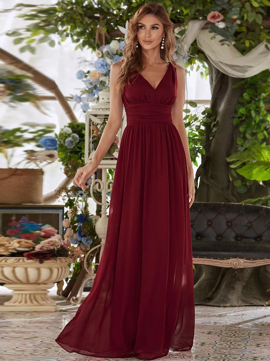 Col V sans manches plissé chiffon robe longue soirée