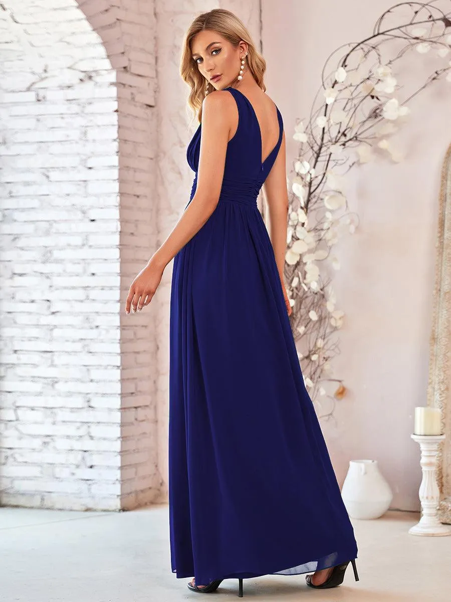 Col V sans manches plissé chiffon robe longue soirée