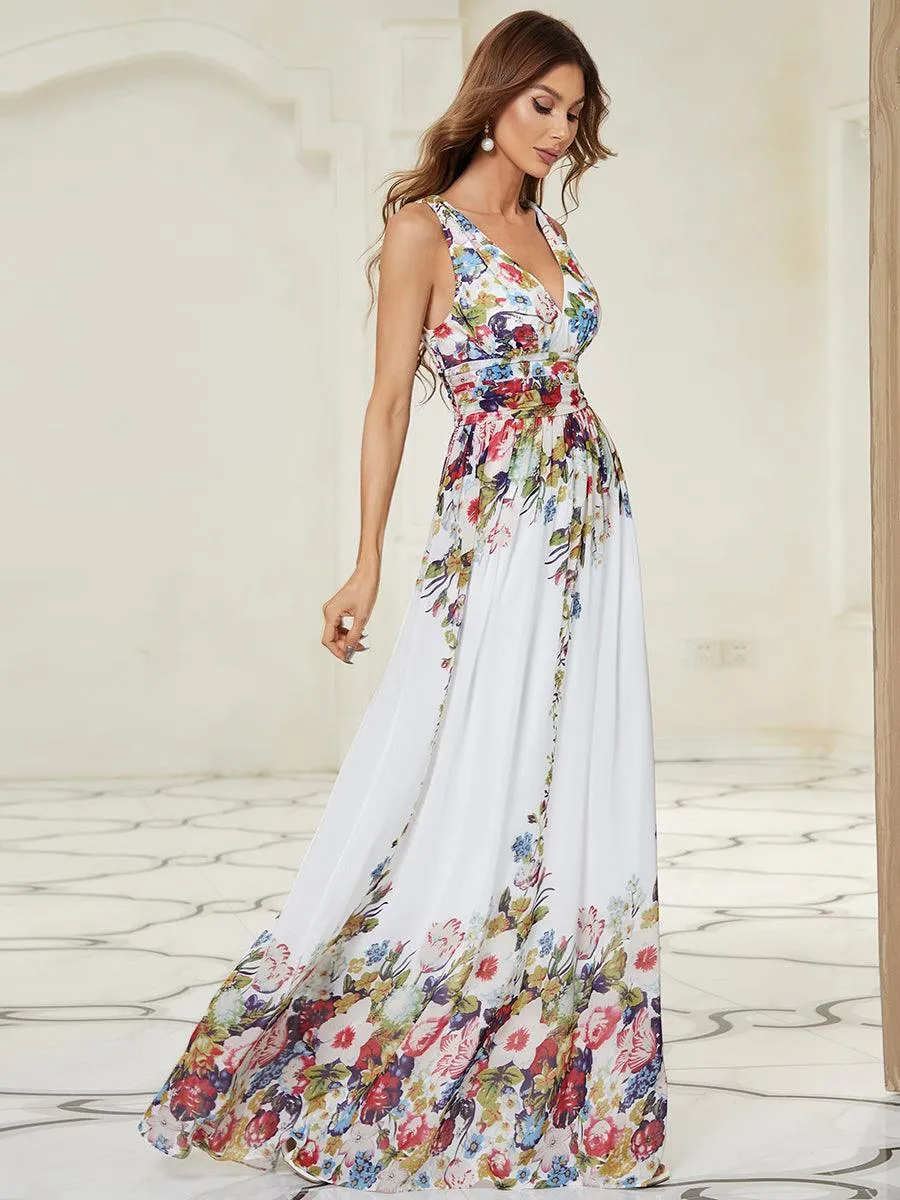 Col V sans manches plissé chiffon robe longue soirée
