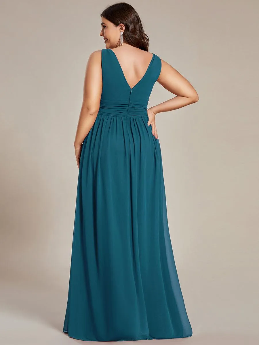 Col V sans manches plissé chiffon robe longue soirée