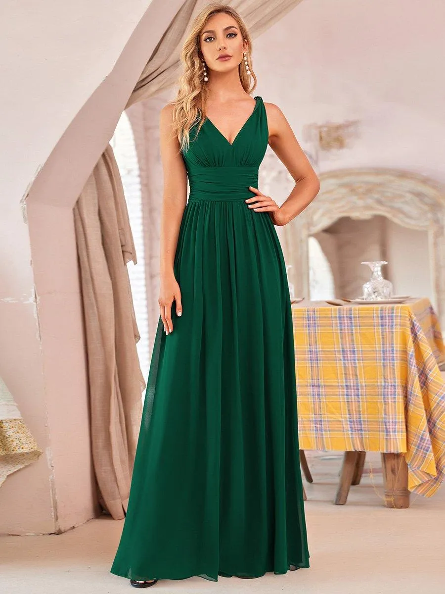 Col V sans manches plissé chiffon robe longue soirée