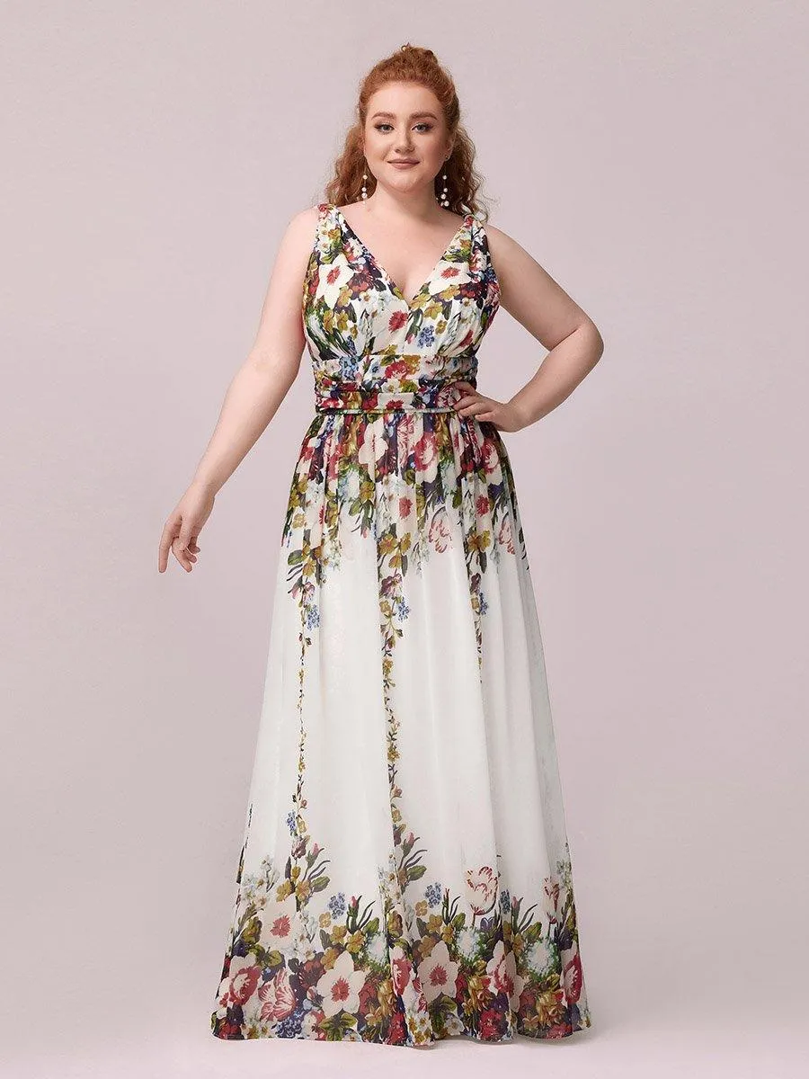 Col V sans manches plissé chiffon robe longue soirée