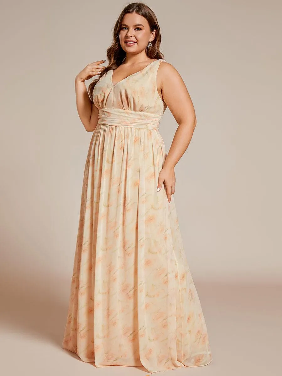 Col V sans manches plissé chiffon robe longue soirée