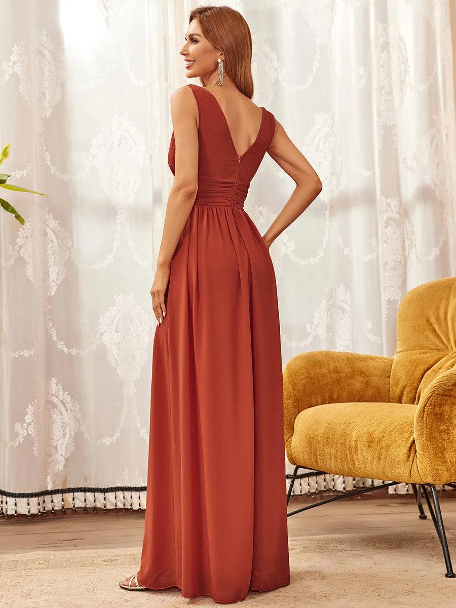 Col V sans manches plissé chiffon robe longue soirée