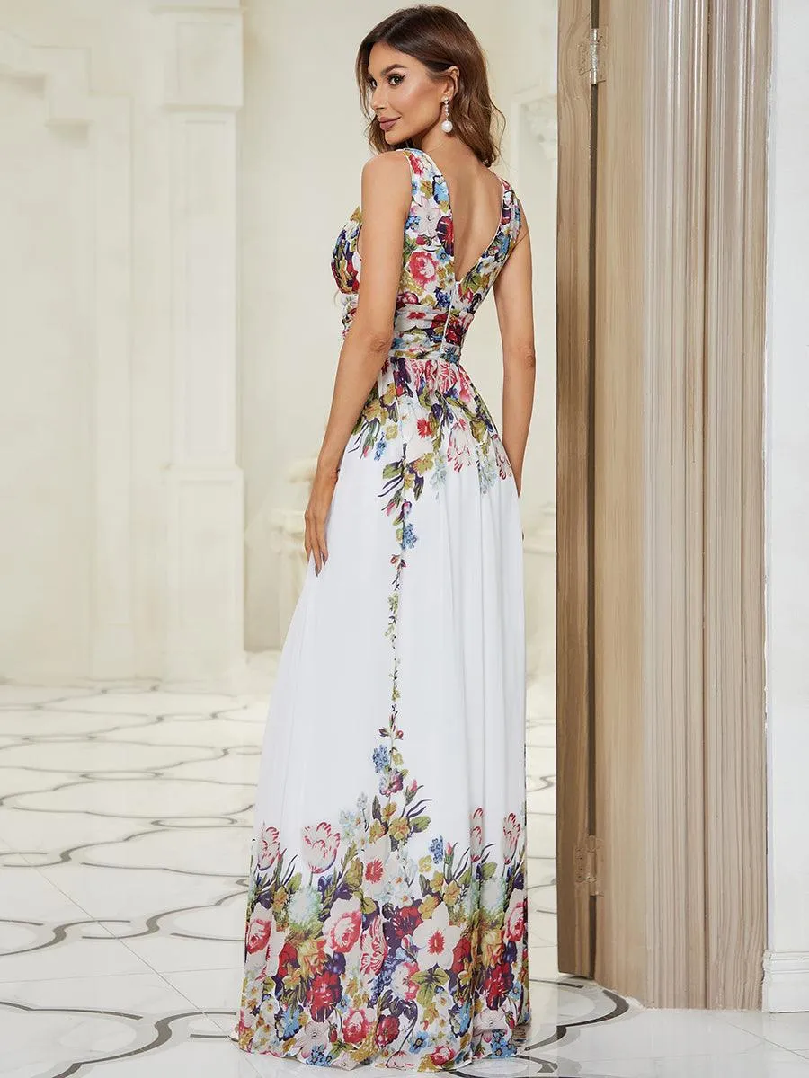 Col V sans manches plissé chiffon robe longue soirée