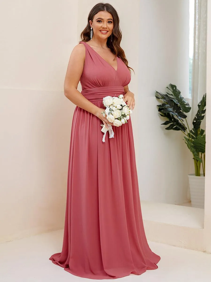 Col V sans manches plissé chiffon robe longue soirée