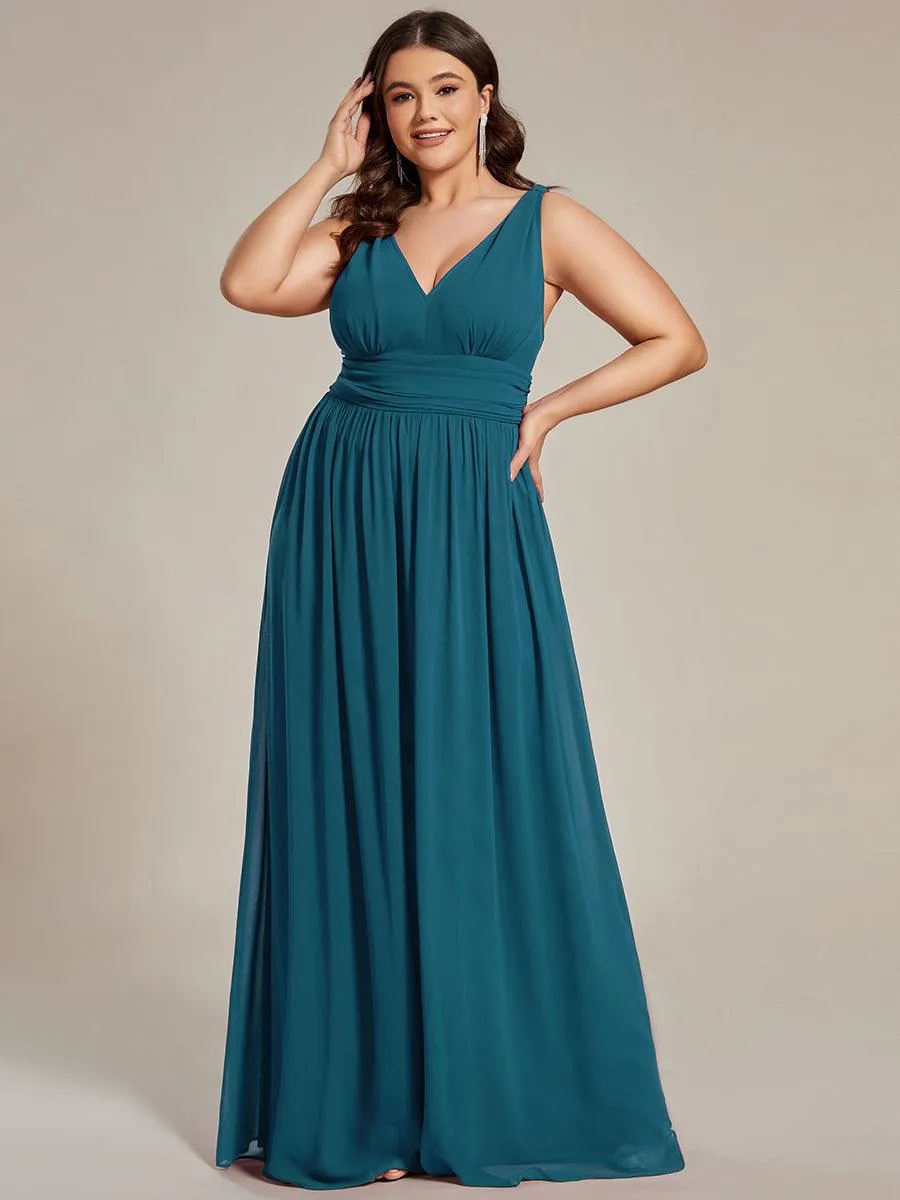 Col V sans manches plissé chiffon robe longue soirée