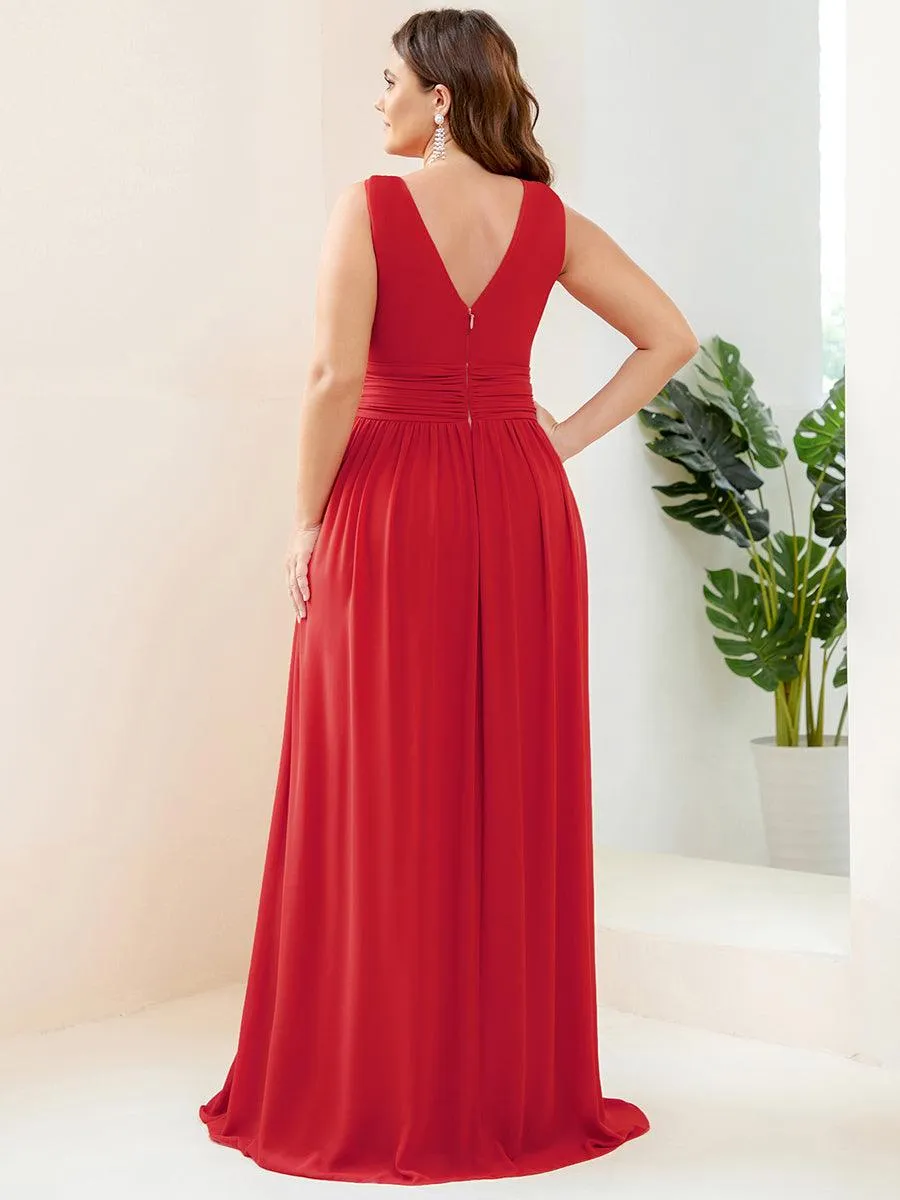 Col V sans manches plissé chiffon robe longue soirée