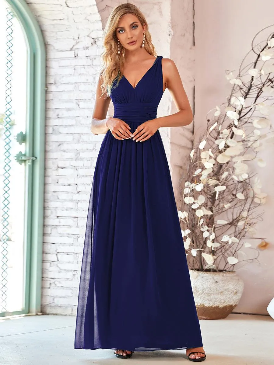 Col V sans manches plissé chiffon robe longue soirée