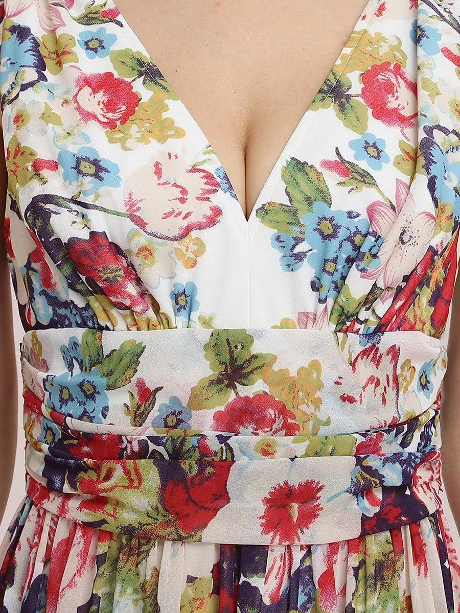 Col V sans manches plissé chiffon robe longue soirée