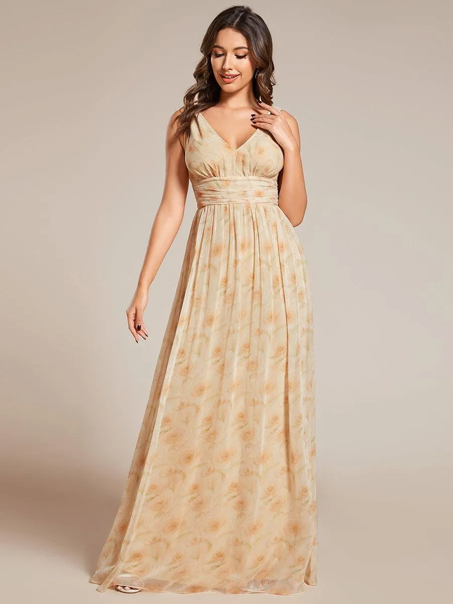 Col V sans manches plissé chiffon robe longue soirée