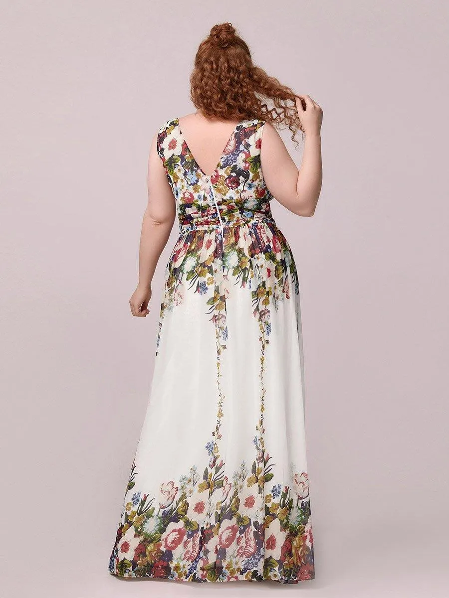 Col V sans manches plissé chiffon robe longue soirée