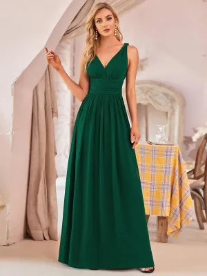 Col V sans manches plissé chiffon robe longue soirée