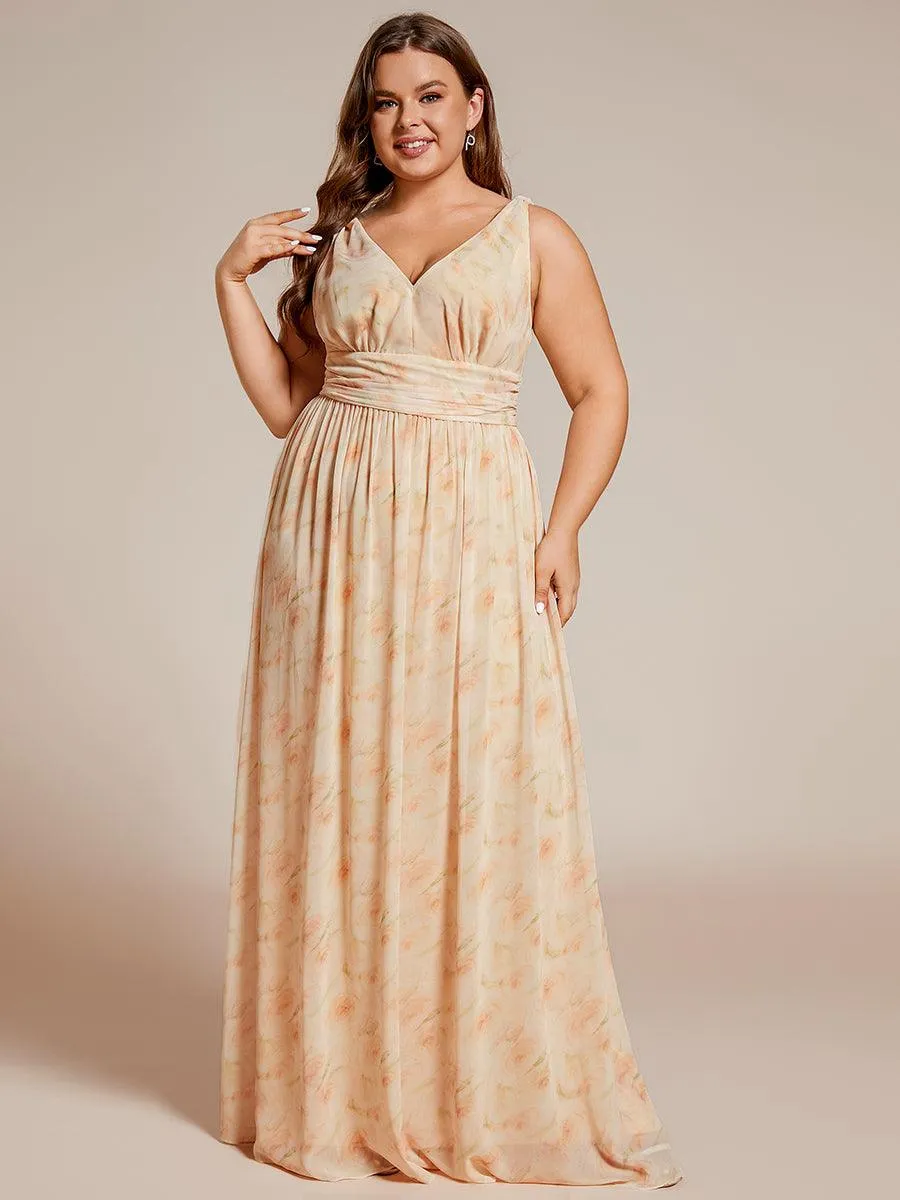 Col V sans manches plissé chiffon robe longue soirée