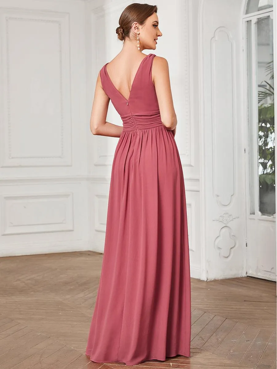 Col V sans manches plissé chiffon robe longue soirée