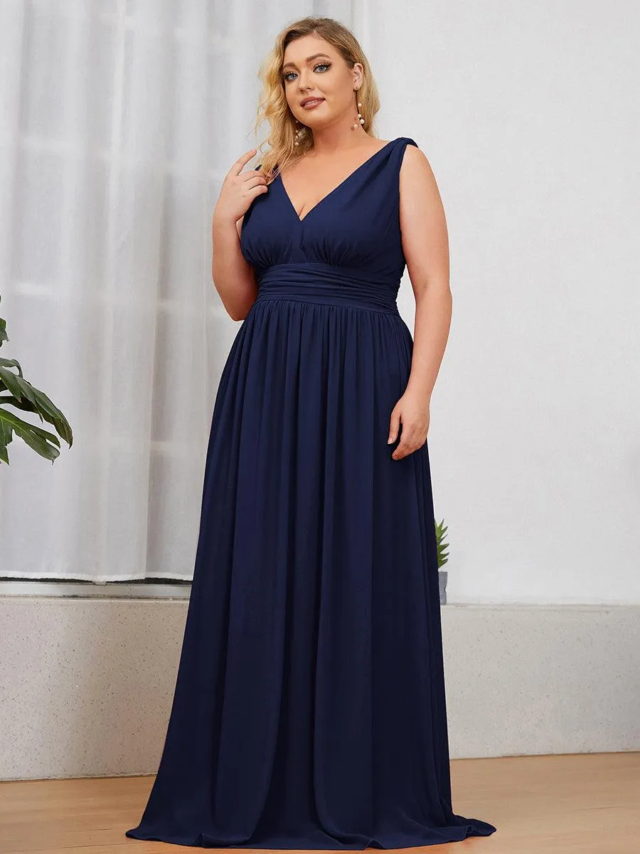 Col V sans manches plissé chiffon robe longue soirée