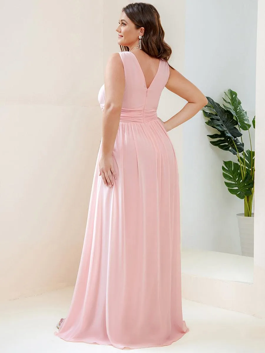 Col V sans manches plissé chiffon robe longue soirée