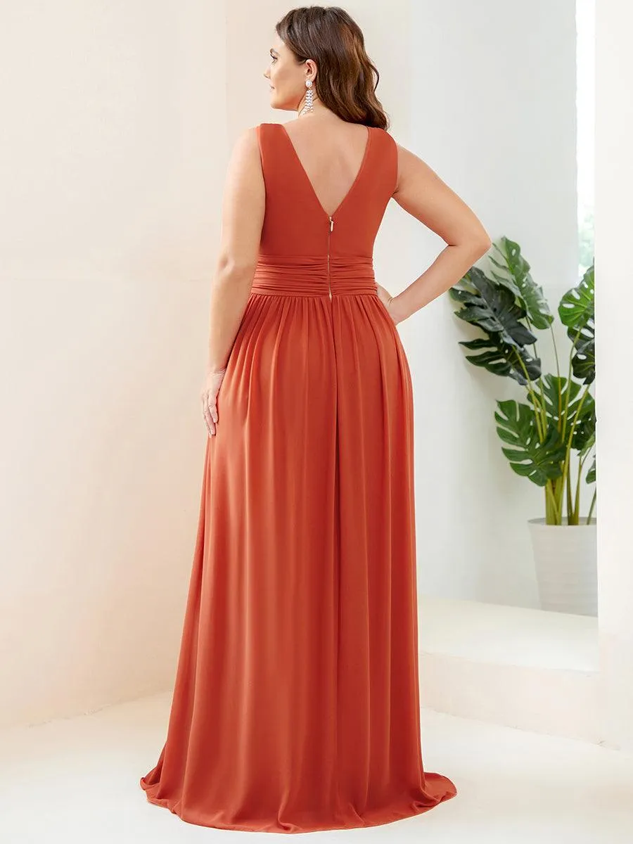 Col V sans manches plissé chiffon robe longue soirée