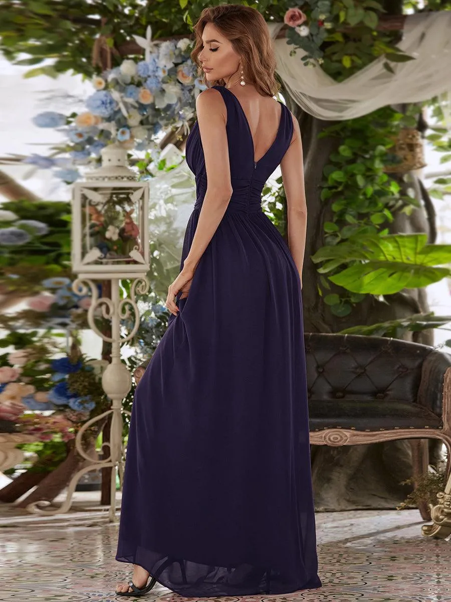Col V sans manches plissé chiffon robe longue soirée