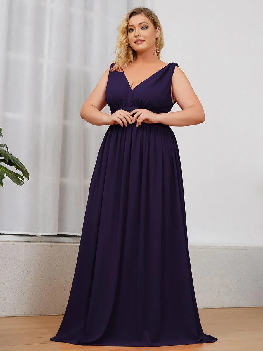 Col V sans manches plissé chiffon robe longue soirée