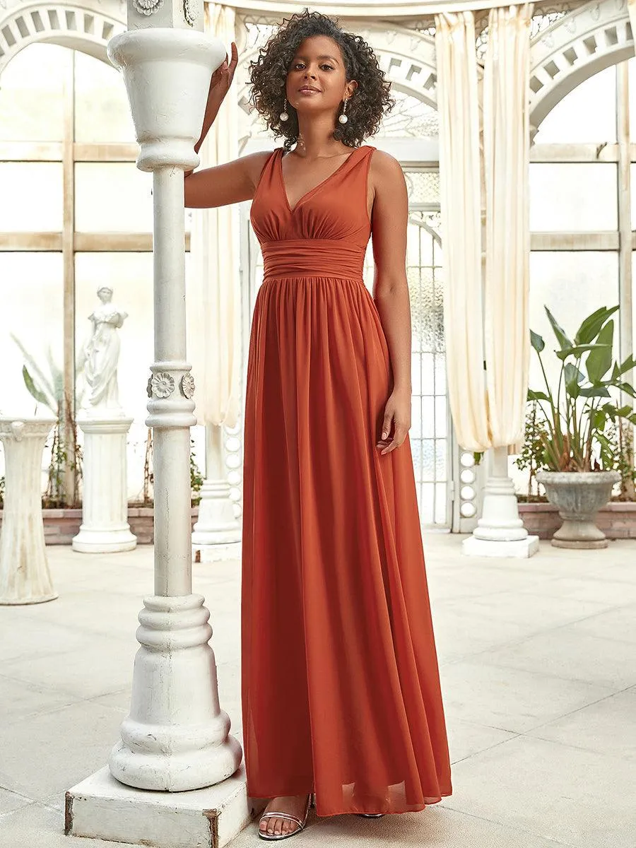 Col V sans manches plissé chiffon robe longue soirée