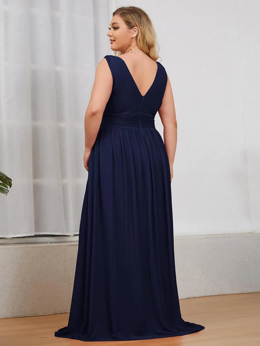 Col V sans manches plissé chiffon robe longue soirée