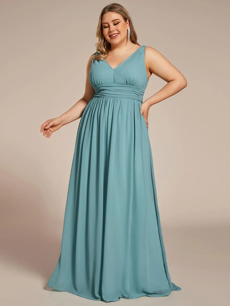 Col V sans manches plissé chiffon robe longue soirée