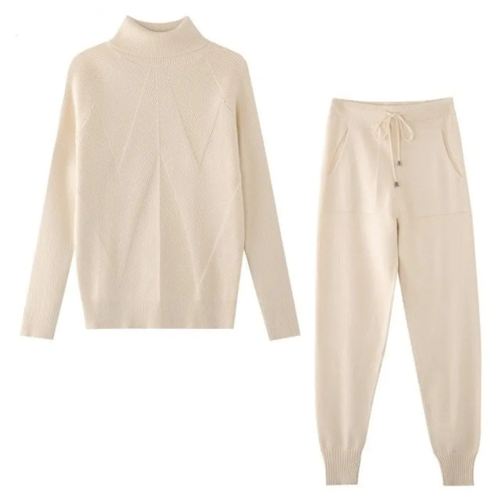 ContiNent 33 Autumn Winter Women's tracksuit Solid Color Striped Turtleneck Sweater and Elastic Trousers Suits Knitted Two Piece Set