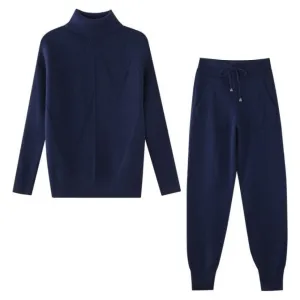 ContiNent 33 Autumn Winter Women's tracksuit Solid Color Striped Turtleneck Sweater and Elastic Trousers Suits Knitted Two Piece Set