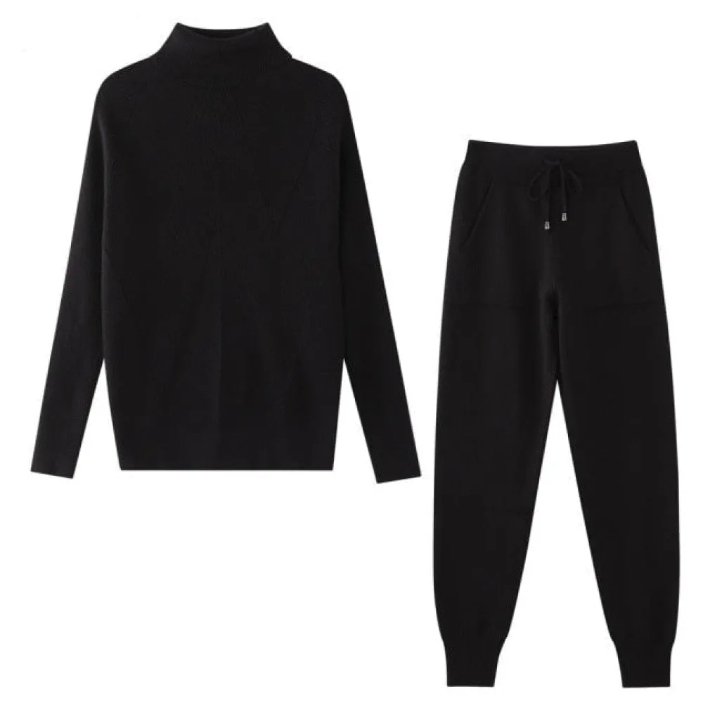 ContiNent 33 Autumn Winter Women's tracksuit Solid Color Striped Turtleneck Sweater and Elastic Trousers Suits Knitted Two Piece Set