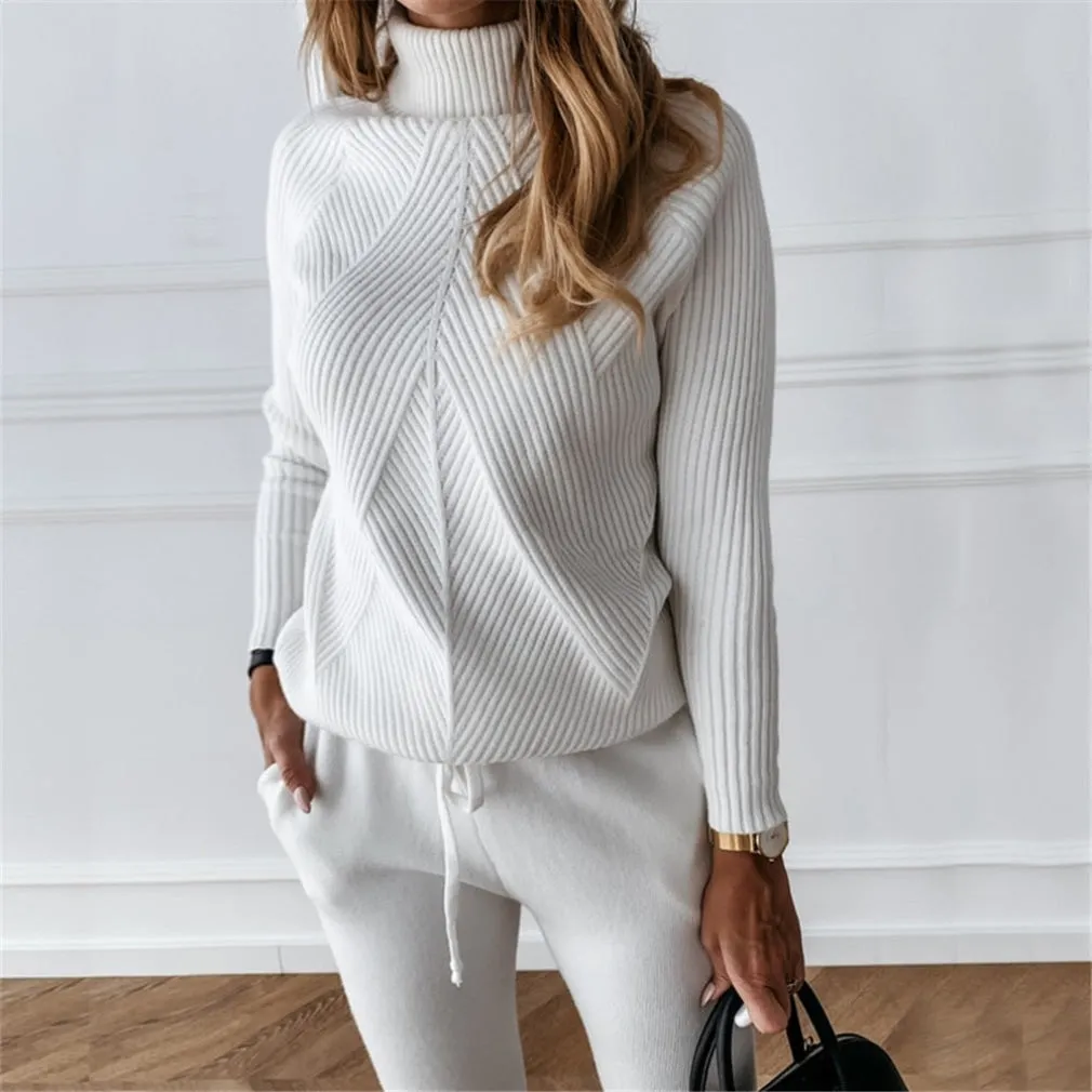 ContiNent 33 Autumn Winter Women's tracksuit Solid Color Striped Turtleneck Sweater and Elastic Trousers Suits Knitted Two Piece Set