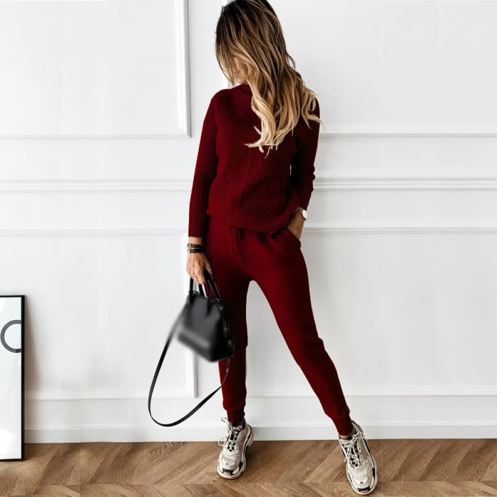 ContiNent 33 Autumn Winter Women's tracksuit Solid Color Striped Turtleneck Sweater and Elastic Trousers Suits Knitted Two Piece Set
