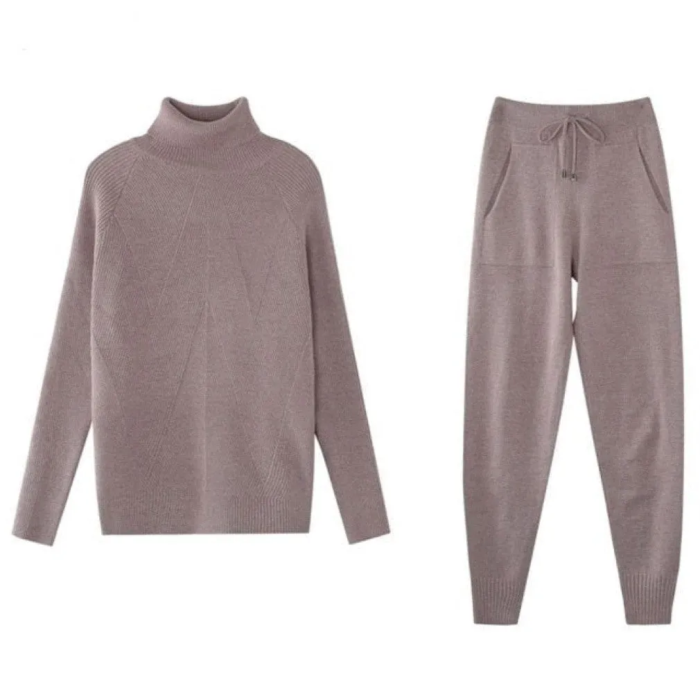 ContiNent 33 Autumn Winter Women's tracksuit Solid Color Striped Turtleneck Sweater and Elastic Trousers Suits Knitted Two Piece Set