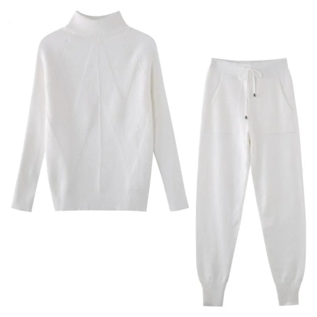 ContiNent 33 Autumn Winter Women's tracksuit Solid Color Striped Turtleneck Sweater and Elastic Trousers Suits Knitted Two Piece Set