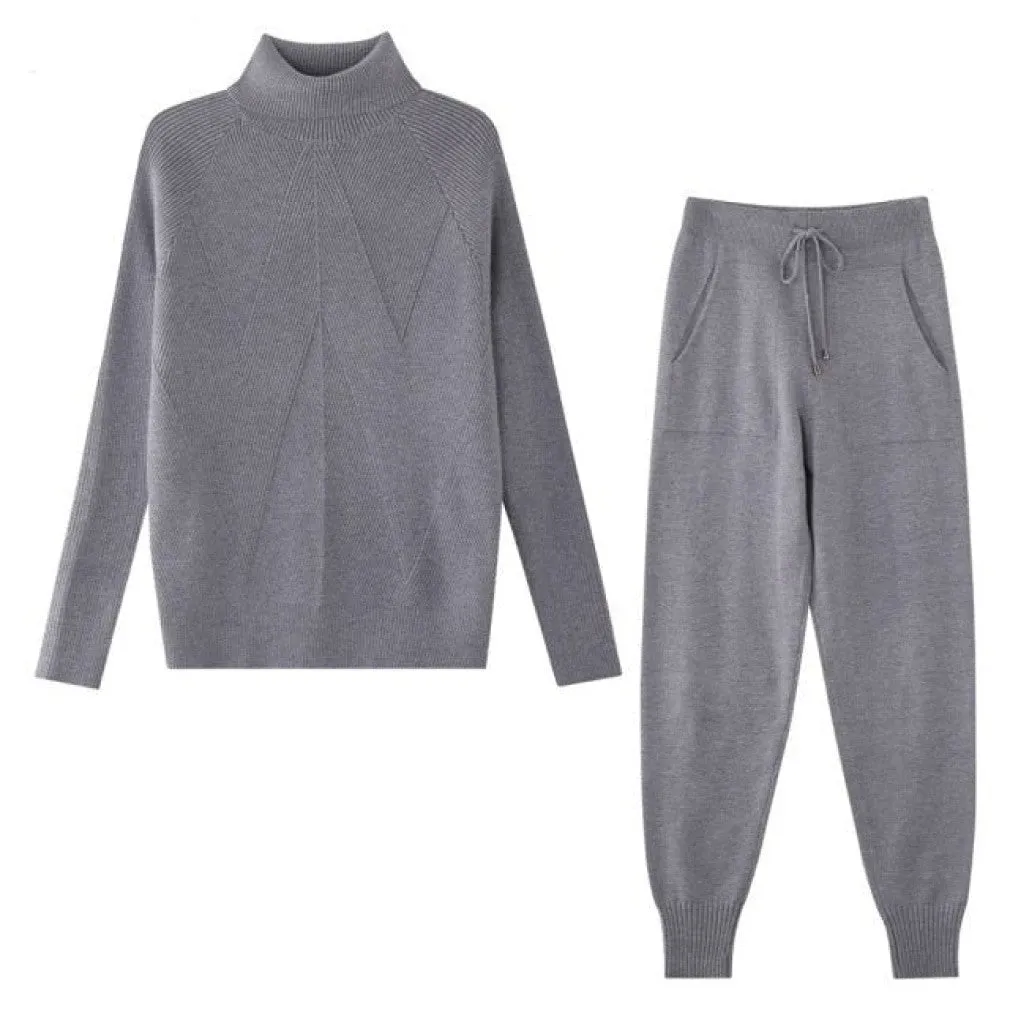 ContiNent 33 Autumn Winter Women's tracksuit Solid Color Striped Turtleneck Sweater and Elastic Trousers Suits Knitted Two Piece Set