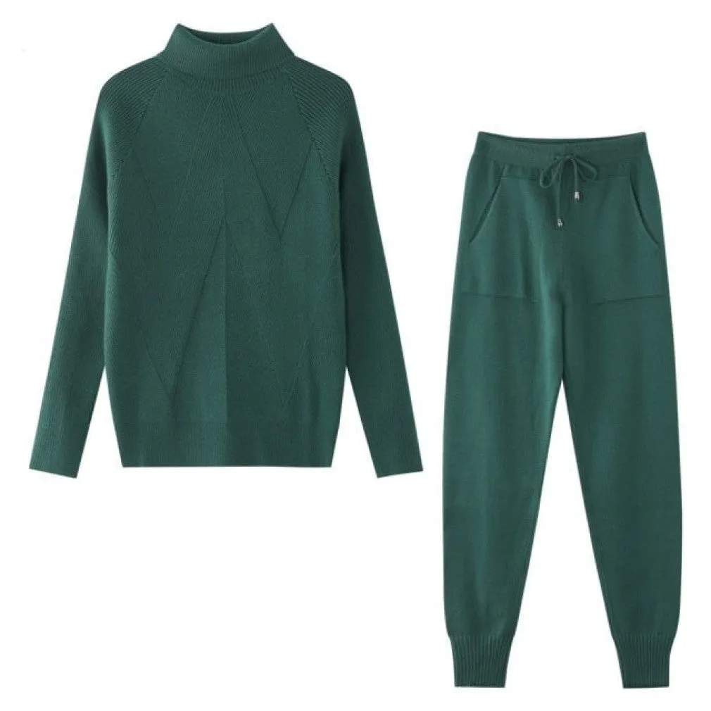 ContiNent 33 Autumn Winter Women's tracksuit Solid Color Striped Turtleneck Sweater and Elastic Trousers Suits Knitted Two Piece Set