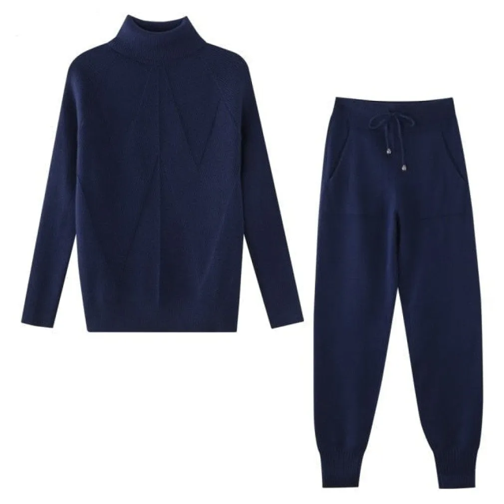 ContiNent 33 Autumn Winter Women's tracksuit Solid Color Striped Turtleneck Sweater and Elastic Trousers Suits Knitted Two Piece Set