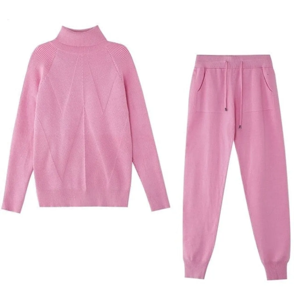 ContiNent 33 Autumn Winter Women's tracksuit Solid Color Striped Turtleneck Sweater and Elastic Trousers Suits Knitted Two Piece Set