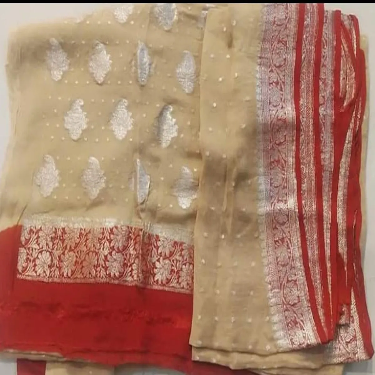 Cream and Red  Banarasi Khaddi Salwar Suit