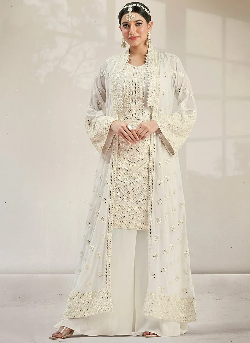 Cream White Mirror Work Embroidery Jacket Style Palazzo Suit